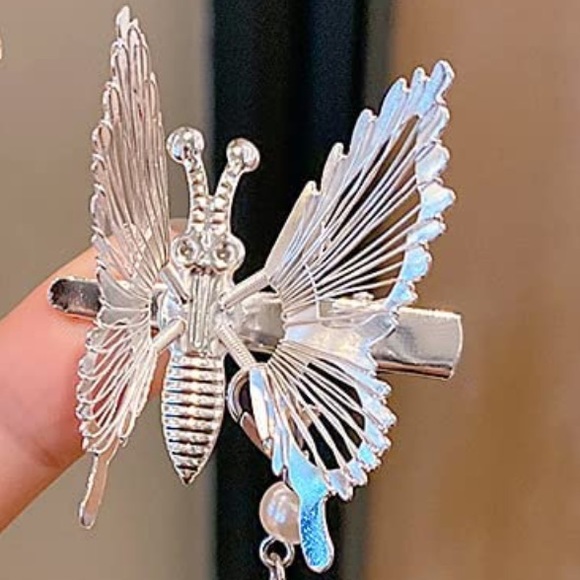 🆕 1Pc Metallic Silver Butterfly Hairpin With Fringe - Picture 4 of 7